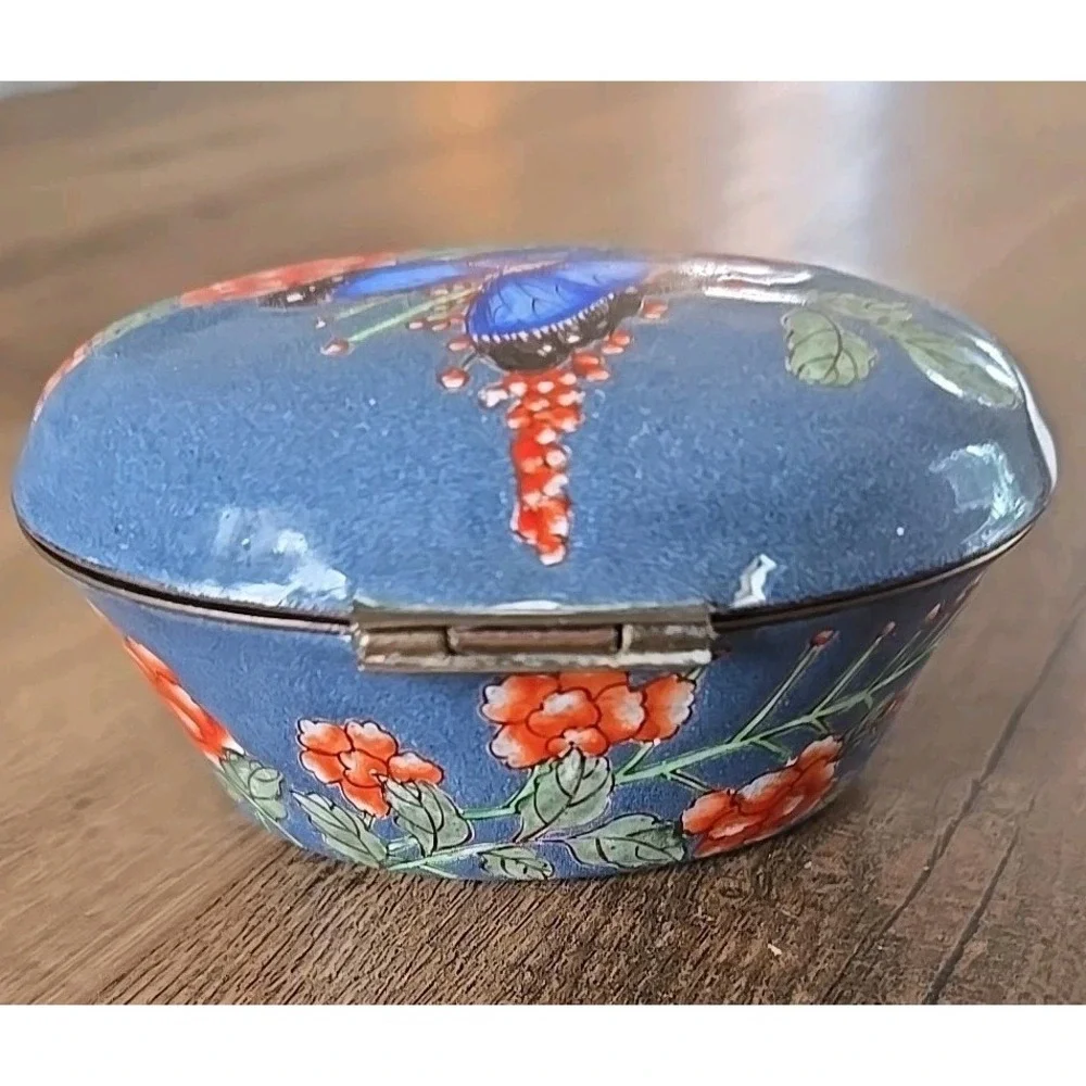 VTG Enameled Granite Ware Butterfly/Floral Brass Hinged Trinket Dish